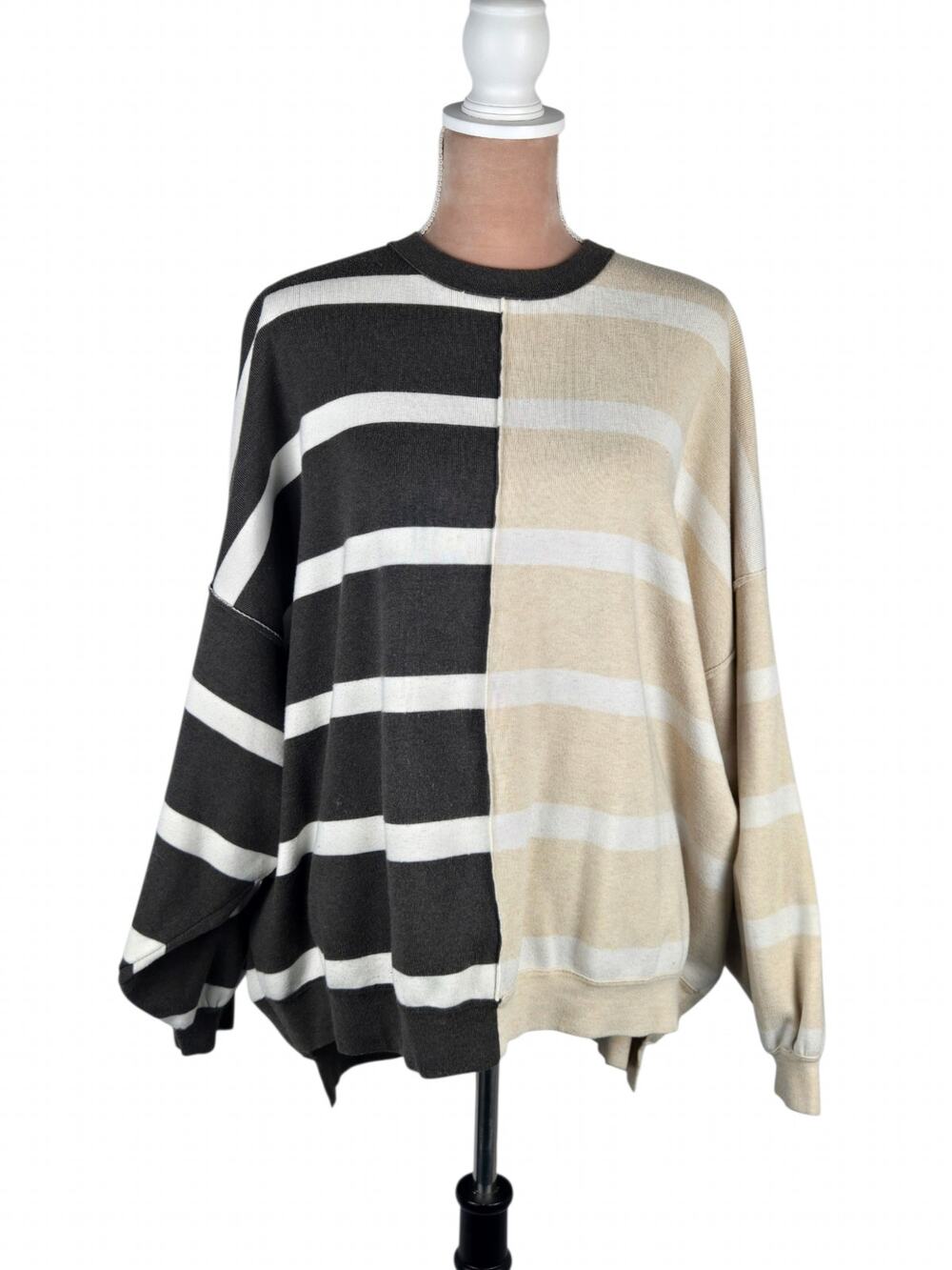 Free People Colorblock Stripe Sweater Oversized Batwing Hi Low Charcoal Cream S
